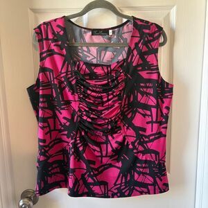 Travel Elegance Abstract Print Ruched Chest Sleeveless Blouse Black Pink Large